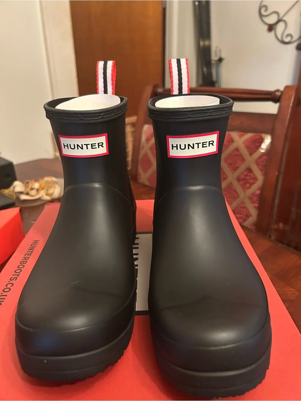 Women’s Hunter Short Black Matte Rain Boots with Red Trim